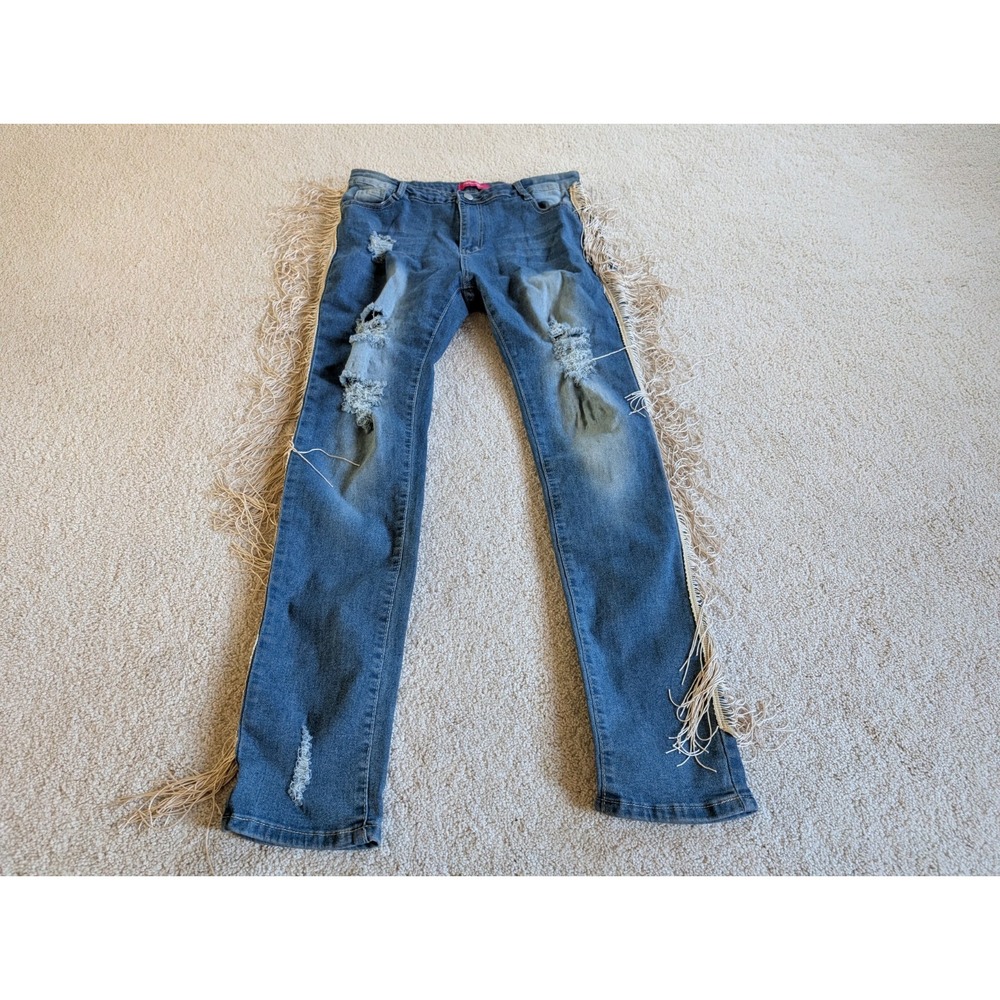 Mundefeis Womens Denim Fringe Boho Jeans XL Blue Distressed Straight Leg